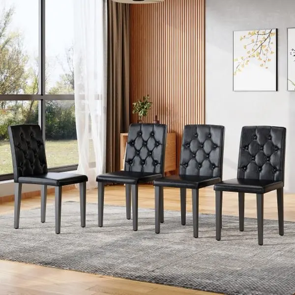 Bellemave  4-pack PU dining chairs: ergonomic buckle backrest, 35 inches high, black metal legs,Combines Comfort and Texture.Perfectly suitable for family dining rooms, hotel banquet halls,etc