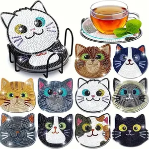 10 pieces/Set of Diamond Art Painting Coasters - Cat-themed Diamond Art Painting Set Wooden anti-slip coasters, DIY suitable for beginners and adult gifts