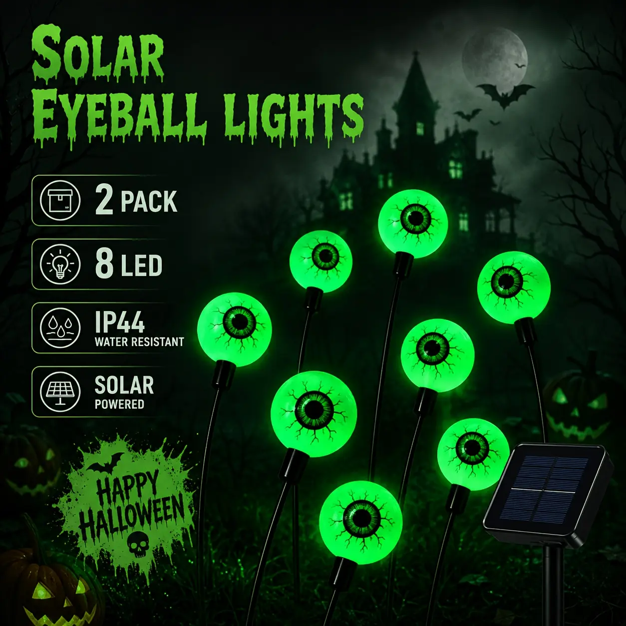 Solar-Powered Halloween Eyeball Lights 2-Pack - 16 LED Green Firefly Sway Lights - Spooky Decor, Long-Lasting Outdoor Lawn/Garden Decor - No Remote Control Included