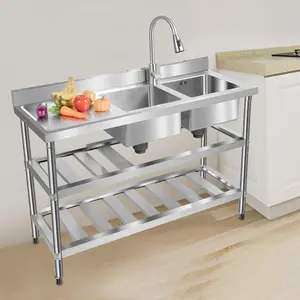 2 Sink Kitchen Prep Table With Pull Out Faucet 3 Tier Stainless Steel Commercial Sink Table home essentials