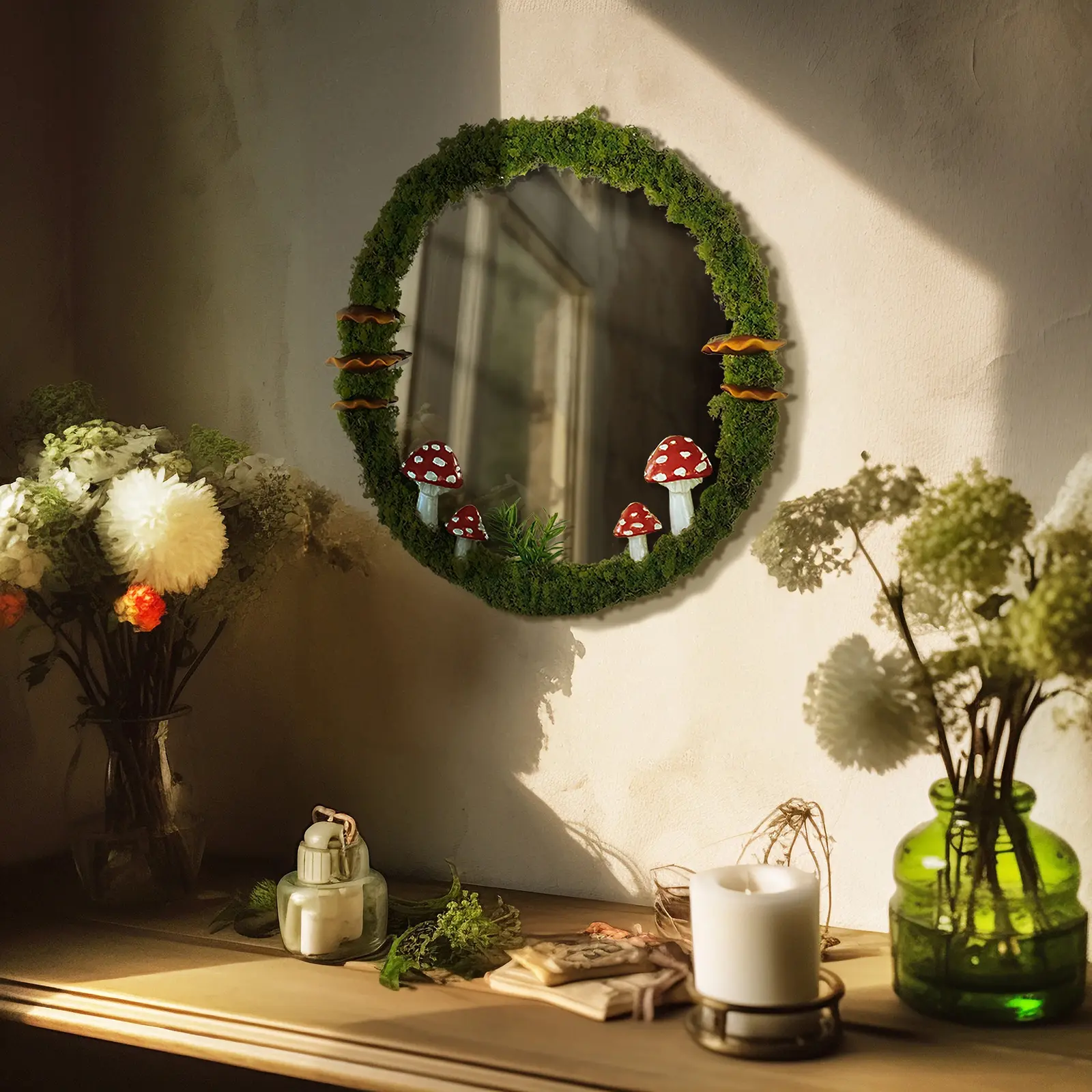 Handmade Moss Frame Round Wall Mirror - Cottagecore Bathroom Fixture, Whimsical Nature-Inspired Wall Decor for Kid Room Home Improvement, Glass