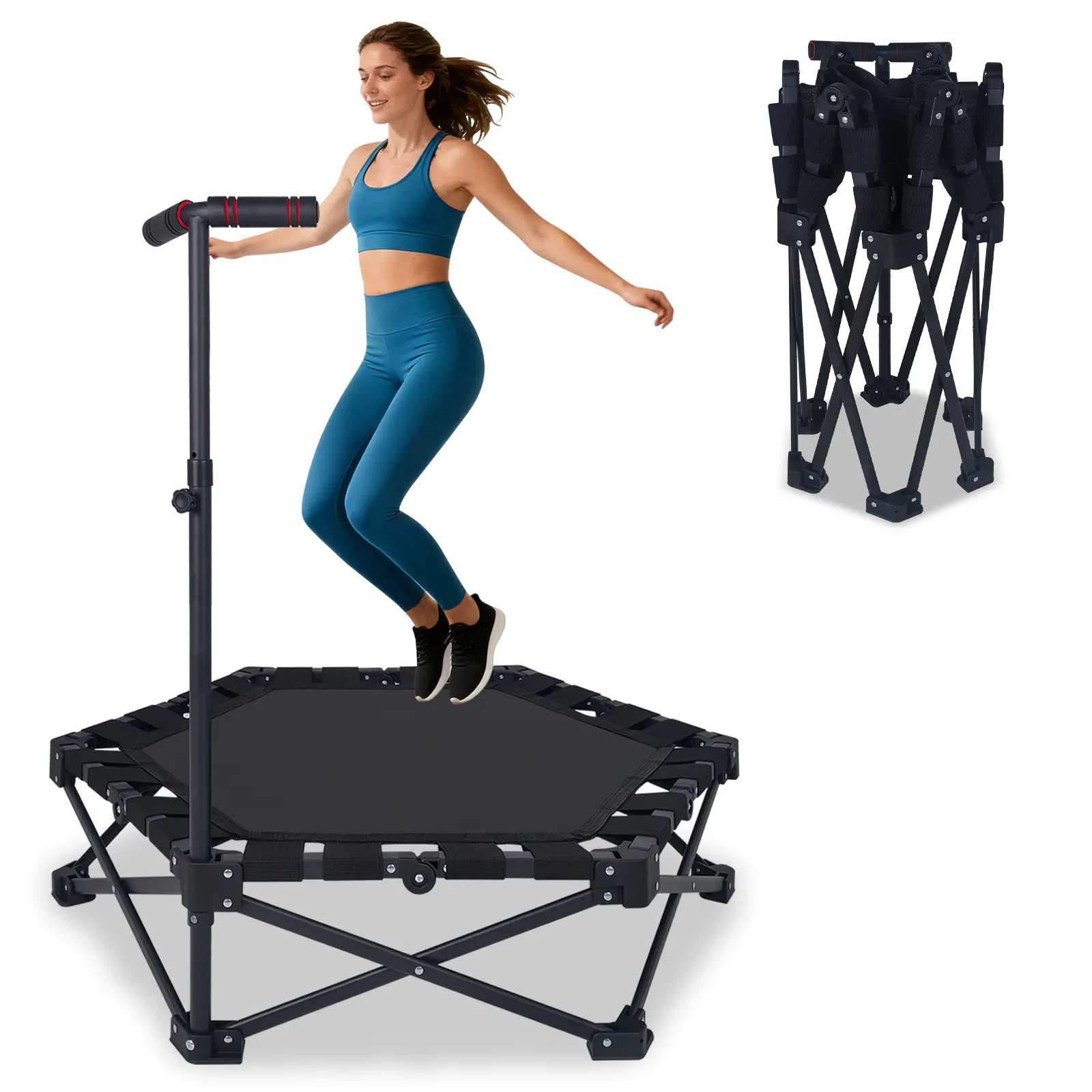 Pre-Assembled Foldable Indoor Mini Trampoline ，5 Height Adjustable Foam Handrail Silent Fitness Trampoline, 330 LBS Stable Steel Frame Low-Impact Jump Mat ,easy to store and assemble ,ideal for Home Gym  Training,  Workout equipment
