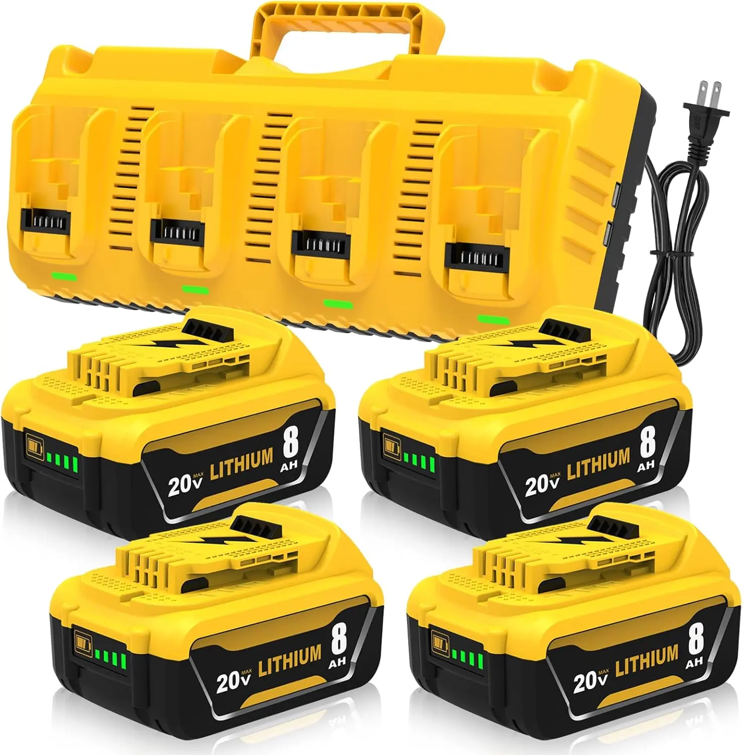 4 Packs 8000mAh High Capacity DCB206 Battery Replacement for Dewalt 20V Battery and DCB104 4-Port Charger Compatible with Dewalt 20V Battery Lithium DCB207 DCB204 DCB200 201 Series Power Tool dewatlt powertools construction durable volt battery