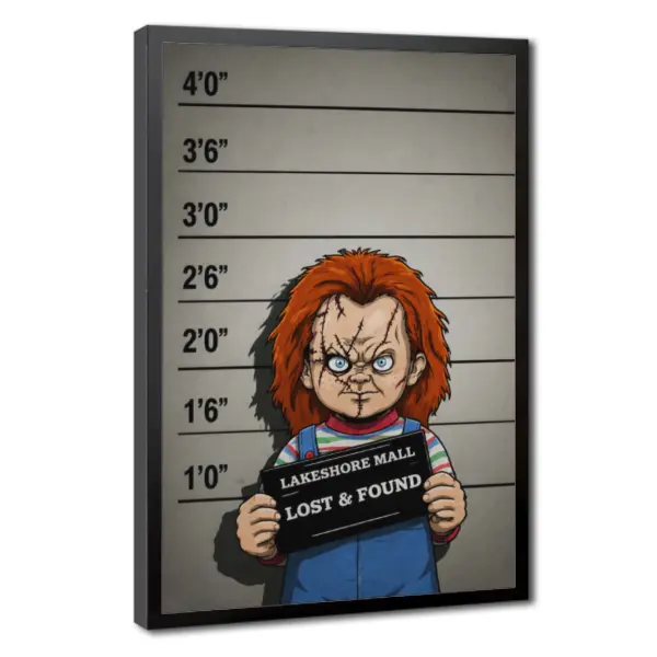 Chucky Inspired Mugshot Line Canvas Poster, Horror Cartoon Home Decor Wall Art, Halloween Party Decoration for Bedroom