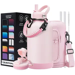 Half Gallon Water Bottle with Straw - Pop-up Chug Lid (Cold 48H & Hot 24H) 32oz 40oz 64oz 128oz Insulated Water Bottle Flask with Sleeve Strap, Paracord Handle, Bottle Boot, Pink Stainless Steel Metal Water Jug
