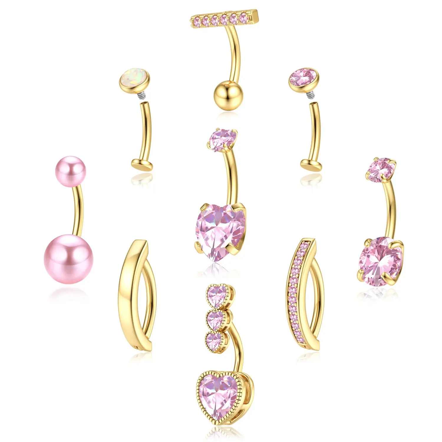 FIASASO 9-Pcs Unisex 14G Gold Belly Button Ring Set - Hypoallergenic Surgical Stainless Steel, CZ Opal Clicker, Geometric/Heart Floating Navel Piercing Jewelry for Daily Wear