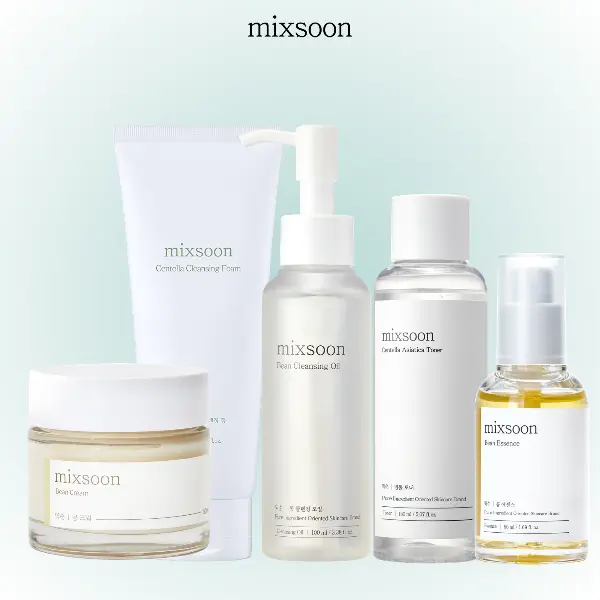 [mixsoon] Glass Skin Essential Skincare Routine Set, 5 Steps | Bean Cleansing Oil, Centella Foam, Centella Toner, Bean Essence & Bean Cream | Vegan Korean Skincare Kit, K-Beauty
