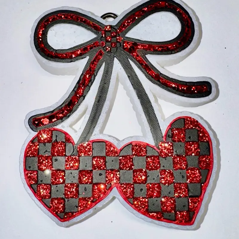 Cherry Hearts Bow Cute Custom Car Freshie Freshener with Vibrant Checkered Design