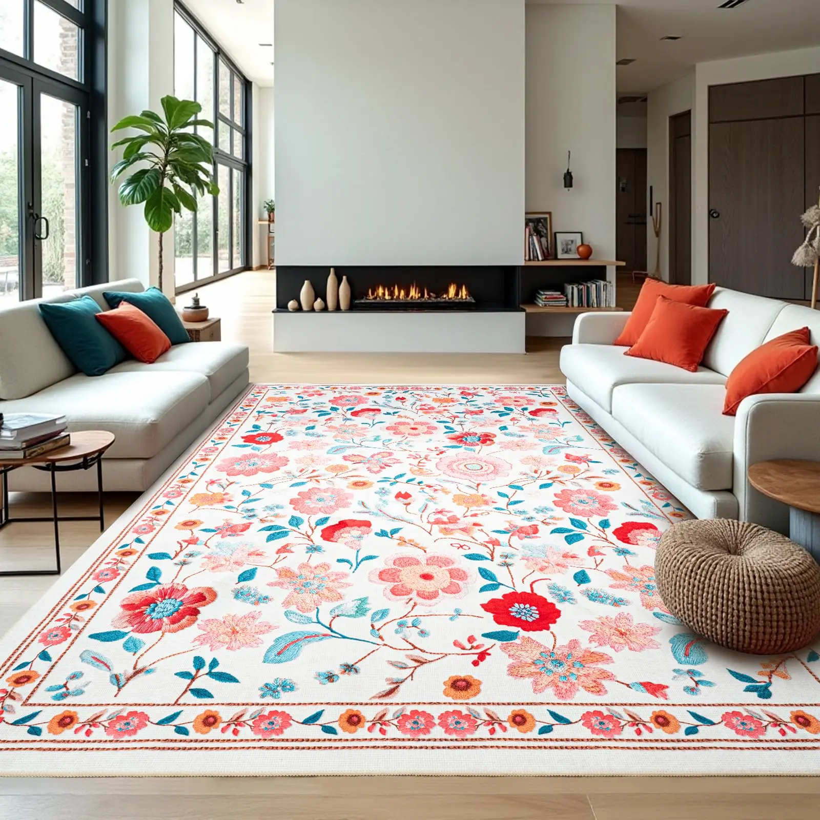 Beige Textured Weave Flannel Non-Slip Indoor Area Rug - Washable Retro Floral Print Low Pile Carpet, Boheme, Child-Friendly, Pastel-Colored, Large-Format Rugs (5x8,6x9,8x10,9x12 ft) for Living Room, Farmhouse Decor-VC, Boheme Area Rugs, Child-Friendly Are