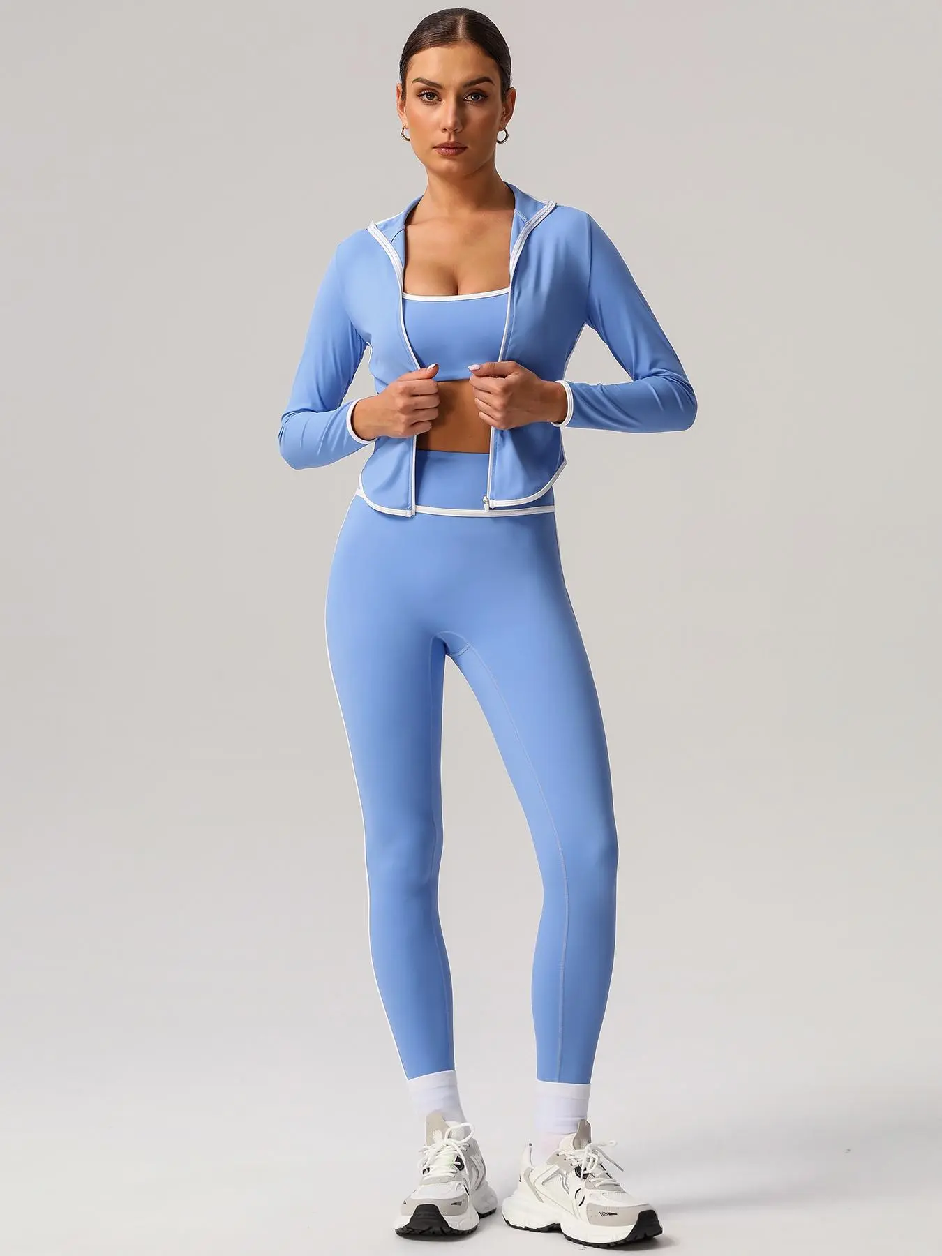 Women's Contrast Binding Sports Bra & Zip Up Jacket & High Waist Leggings Set, Sporty Comfy Outfits for Yoga Gym Workout Running, Yoga Clothes Set, Co-ord set women, Gym Matching Set, Athleisure Set, Athletic Workout Set