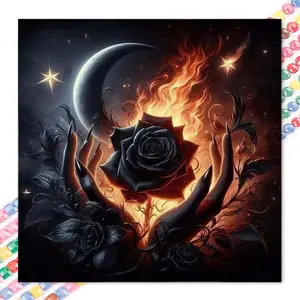1pcs 5D DIY handmade diamond painting kit, 5D diamond art set, Diamond Art Tools, DIY decoration, flame black rose diamond painting kit full round drill DIY, mosaic, diamond art, DIY art home decoration, suitable for Halloween and Christmas.