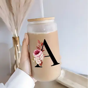 1PC, Letter Flower A-Z Coffee Mugs for Office and Home, 16OZ Glass Cups With Bamboo Lids And Straw, Birthday Gifts for Women, Mom, Best Friend, Bride, Bridesmaid Gift, Frosted Glass Jar Gift