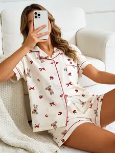 Women's Short Sleeve Button Down Top and Shorts Pajama Set, Spring Summer Wear, For Japanese Kawaii Sweet Girls, Cream Base Cute Bunny Bow & Floral Print, Classic Lapel Collar With Contrast Red Piping, Loose Fit, Comfortable For Home & Going Out