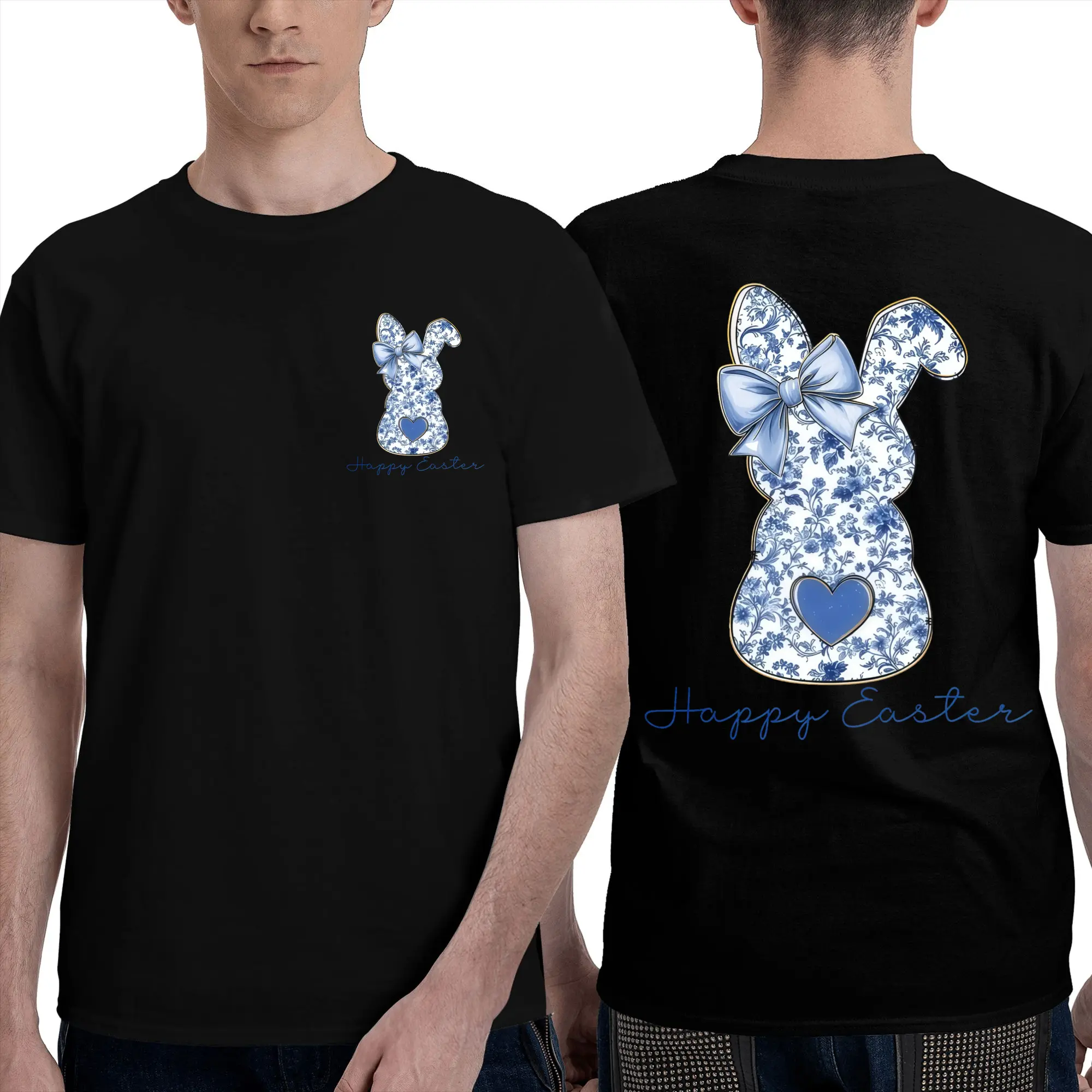 Short Sleeve T-Shirt - Blue & White Rabbit | Trendy Easter Top, Casual Style, Slightly Stretchy Fabric, Perfect for Spring and Summer Menswear Man Tshirt Streetwear Crewneck Tropical