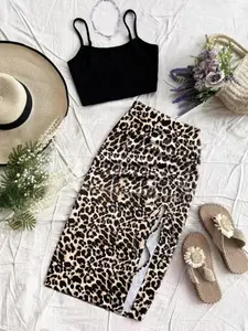 Summer 2-Piece Set: Casual Matching Set, Casual Holiday, Solid Color Thin Strap Sleeveless Top and Leopard Split Skirt, Slim-Fitting, All over Print, Womenswear