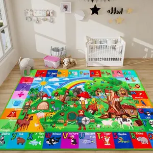 Kids Fairy Tale Farm Alphabet Flannel Area Rug - Colorful ABC Animal & Cartoon Village Print Soft Mat for Nursery & Playroom, Non-Slip Educational Play Rug #FairyTaleAlphabetRug #FarmAnimalPlayMat #NurseryVillageDecor #ABCAnimalCarpet #NonSlipKidsRug