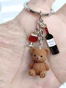 A Brown Teddy Bear And Red Wine Themed Keychain - Suitable For Making Keychains/Backpack Buckles/Car Keychain Pendants/Bag Pendants/Decorations, Perfect As A Gift For Various New Year Holidays, Mini Pendant.