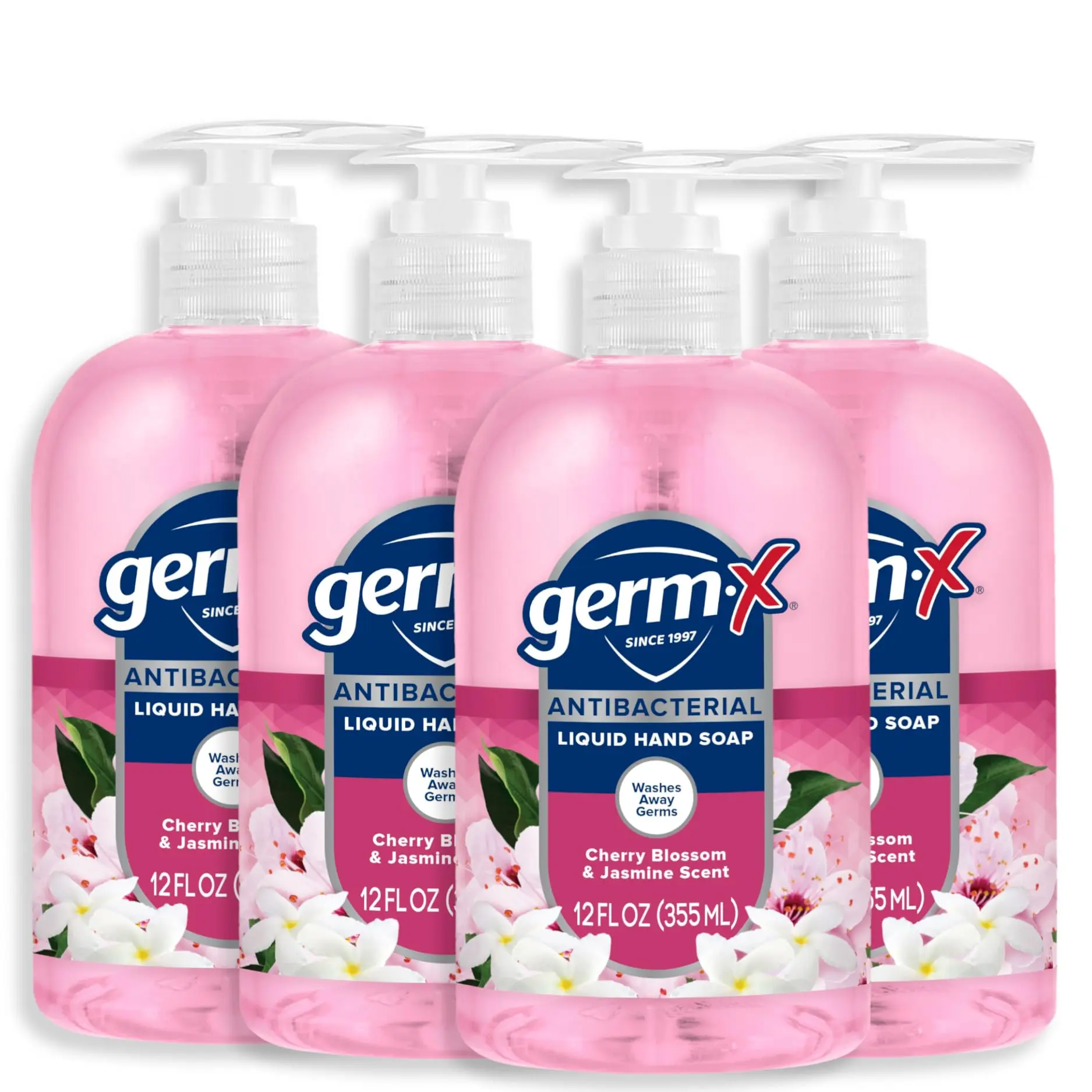 Germ-X Antibacterial Hand Soap, 12 Oz (Pack 4), Moisturizing Liquid Hand Wash for Kitchen or Bathroom, pH Balanced & Dermatologist Tested, Jasmine & Cherry Blossom Scent, Pump Bottle