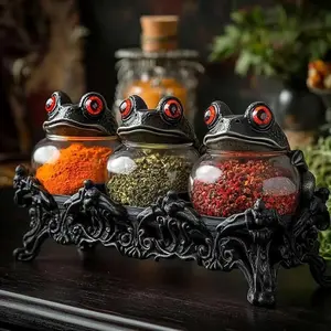 Witchy Frog Apothecary Glass Spice Jars, Handcrafted Gothic Kitchen Food Storage Containers, Vintage 3-Piece Set for Spices, Herbs, Tea & Halloween Decor