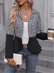 Women's Houndstooth Suit Jacket, Fitted Collar Long Sleeve Button Decorated Patchwork Coat, Fashion Casual Business Elegant Outerwear