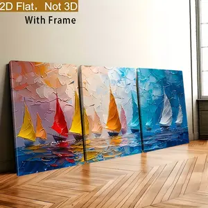 Modern Abstract Nautical Landscape Framed Wood Wall Art - 3 High-Resolution Minimalist Waterproof Glossy Prints, Artistic Light Home Decor Decoration, Ready-to-Hang, Suitable for Living Room Kitchen, Holiday Gift Box Option