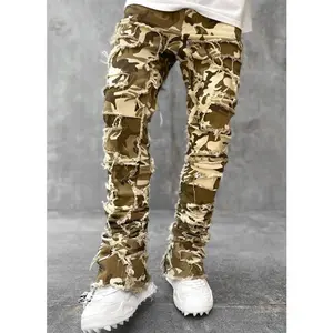 Men's Trousers Individual Patched Pants Long Tight Fit Stacked Jeans Mid Waist Rock Y2K Style Cotton Material Fashionable Simple Design in Solid Color