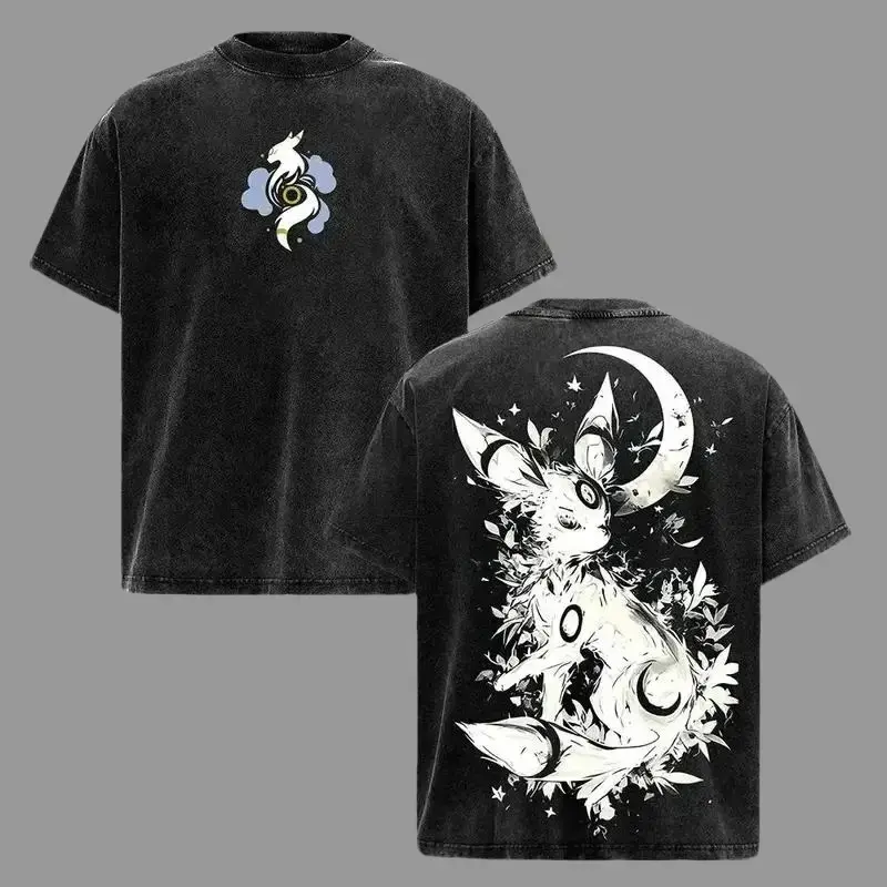 Umbreon Menswear Short-Sleeve Round Neck T-Shirt - Pocket Monsters Vintage Oversized Heavy Cotton Acid Washed Unisex Streetwear Graphic Top for Fans