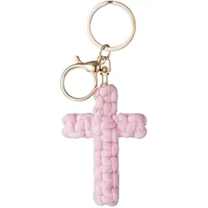 Handmade Macrame Cross Keychain, Christian Faith Inspired Car Accessory, Soft Boho Decor, Cute Baptism Gifts for Women Men, Religious Easter Basket Stuffer Key Chain Charm