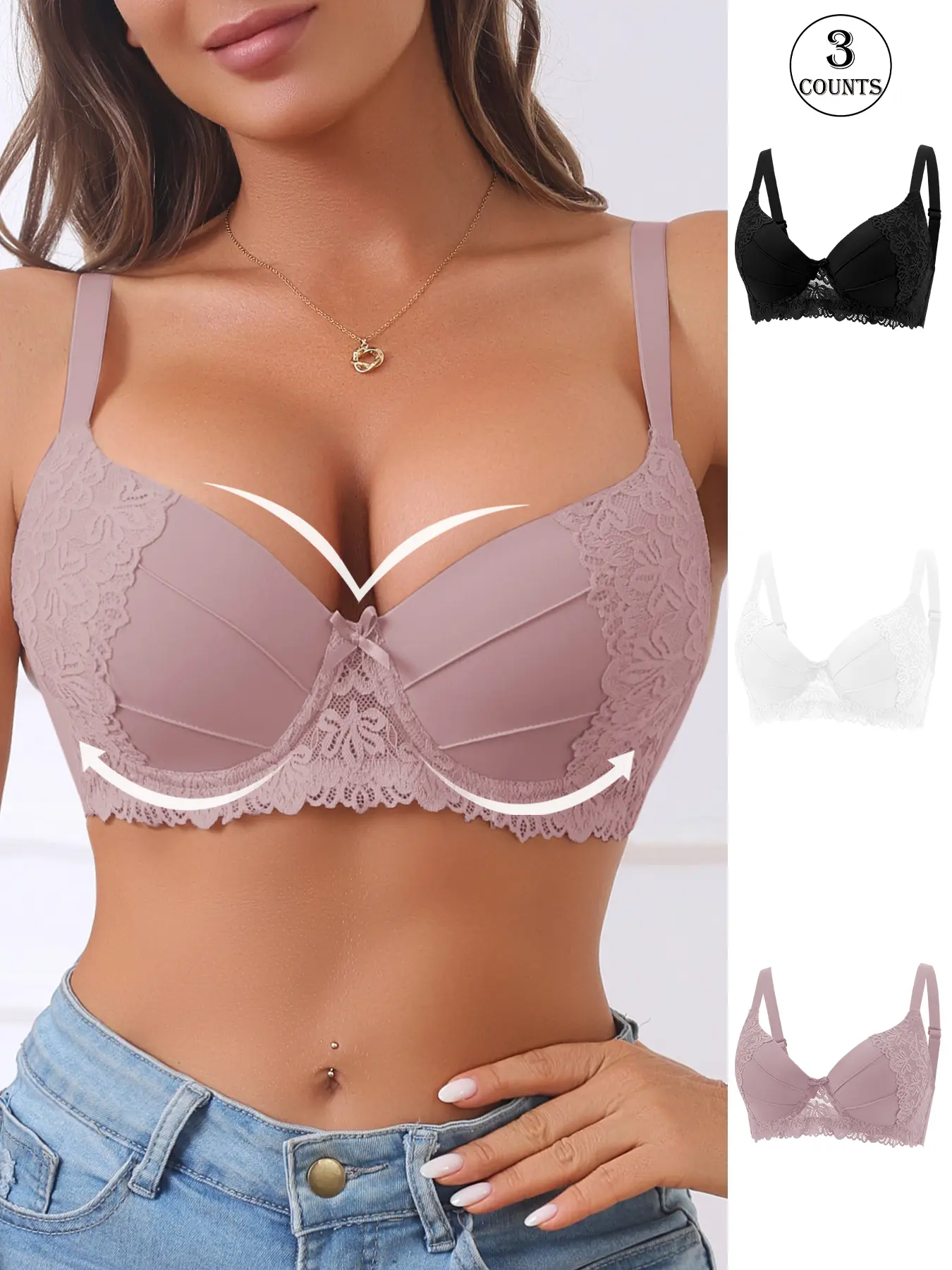 2/3/6 Pack/6 colors, lace seamless push-up underwire Casual bra, Adjustable straps, three-row four-hook back closure, Breathable, skin-friendly, comfortable fabric, Suitable for daily work, dates, home wear, Women's seamless bra, Womenswear