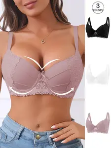 2/3/6 Pack/6 colors, lace seamless push-up underwire Casual bra, Adjustable straps, three-row four-hook back closure, Breathable, skin-friendly, comfortable fabric, Suitable for daily work, dates, home wear, Women's seamless bra, Womenswear