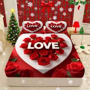 Valentine's Day Bedding Set, Heart Rose Love2d Print, Soft Comfortable Sheet Set (1 Fitted Sheet + 2 Pillowcases), Bed Sheets, No Fillers Included