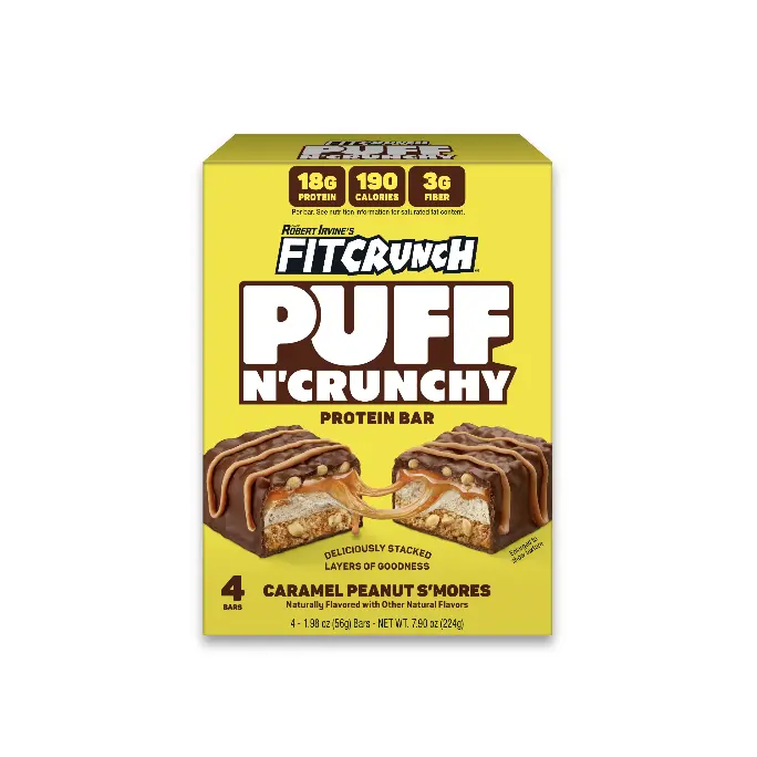 FITCRUNCH New Puff N’ Crunchy Protein Bars, Light Airy Marshmallow Puff Texture, 18g Protein, 3g of Fiber, Low Sugar, 190 Calories (4 Bars, Caramel Peanut S'mores)