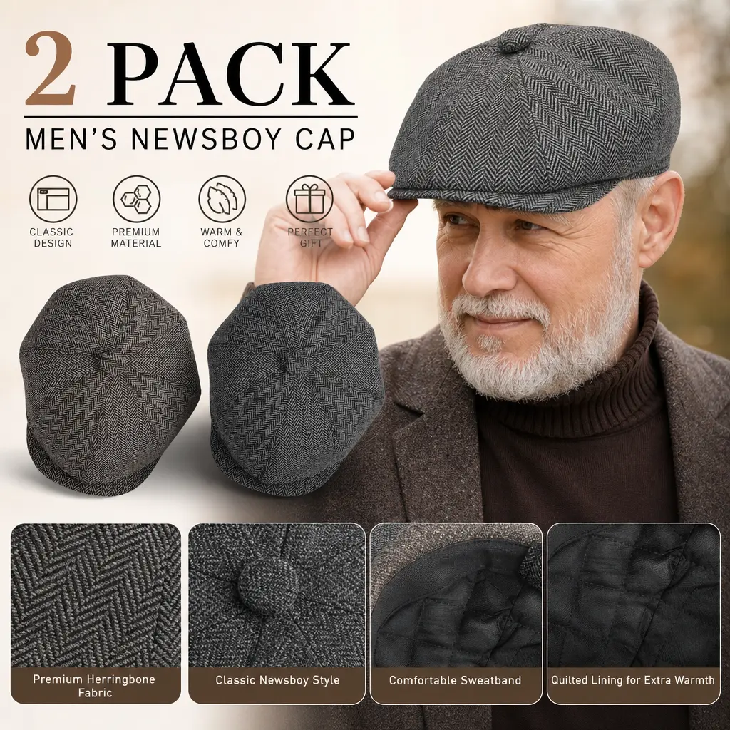 Men's 8-Panel Irish Wool Blend Flat Brim Newsboy Cap - Vintage Cabbie Driving Hat for Daily Outdoor, Golf Use, Flat Brim Hat