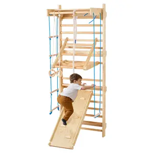 VEVOR Swedish Ladder Wall Gym,  8-in-1 15 Levels Solid Wood Wall Stall Bars, 220LBS Indoor Jungle Gym Climbing Playset with Wall Ladder, Slide Board, Pull-Up Bar, Gym Rings, Swing Seat, Rope Ladder