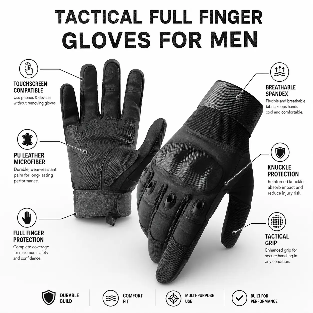 Tactical Full Finger Gloves for Men, Touchscreen Compatible PU Leather Microfiber, Breathable Spandex, Knuckle Protection, Military Combat Shooting Gloves