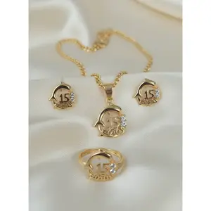 15's Earring Aretes Quinceañera 14K Gold Filled Laminado Set Necklace Ring Anillo Cadena y Aretes de 15 Quinceañera Gold Plated 18K for Special Occasions