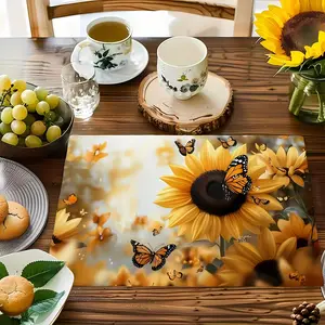 2D flat printing, 2-piece/4-piece/6-piece/8-piece set of yellow sunflower kitchen decorative placemat, 12x18 inch seasonal retro table mats, rustic retro traditional dining table decoration, indoor and outdoor party kitchen dining tables