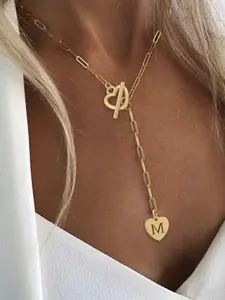 Women's Heart Letter Pendant Necklace, Elegant Stainless Steel Chain, OT Buckle Design, All-Season Fashion Accessory, Initial Letter Necklace