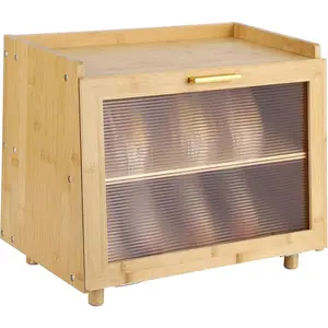 Double Layer Bread Box for Kitchen Counter, Large Capacity Bread Box, Bamboo Bread Storage Container, Farmhouse Bread Storage Bin with Acrylic Clear