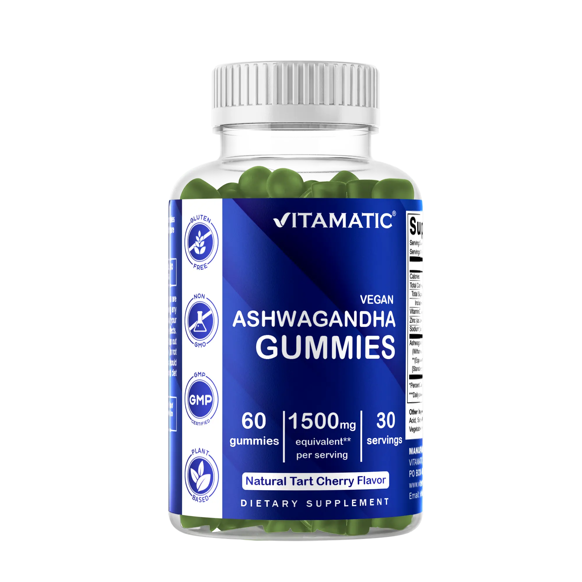 Vitamatic Ashwagandha Edible Chewable Gummies - 1500 mg Equivalent Per Serving, 60 Vegan GF Lactose-Free Plant-Based Supplements, 3% Withanolides, Natural Tart Cherry Flavor for Healthcare, Gym Use