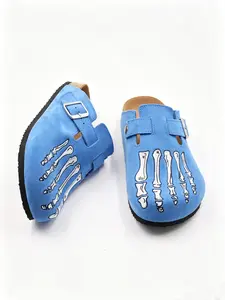 Men's Skeleton Bone Embroidered Clogs, Slip-On Casual Leather Suede Sandals for Men, Comfortable Cork Footbed Slides, Streetwear Style