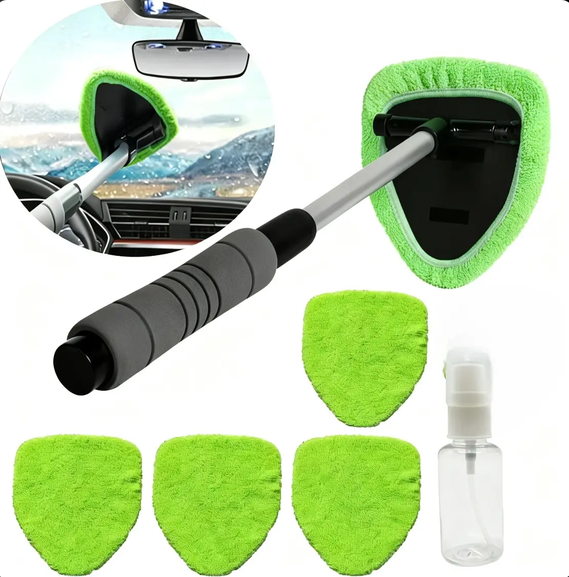 Click to see full view Windshield Cleaning Tool, Car Interior Window Cleaning Kit with Extendable Handle & 3Microfiber Pads, Auto Inside Glass Wiper Kit for Car & Home Windows