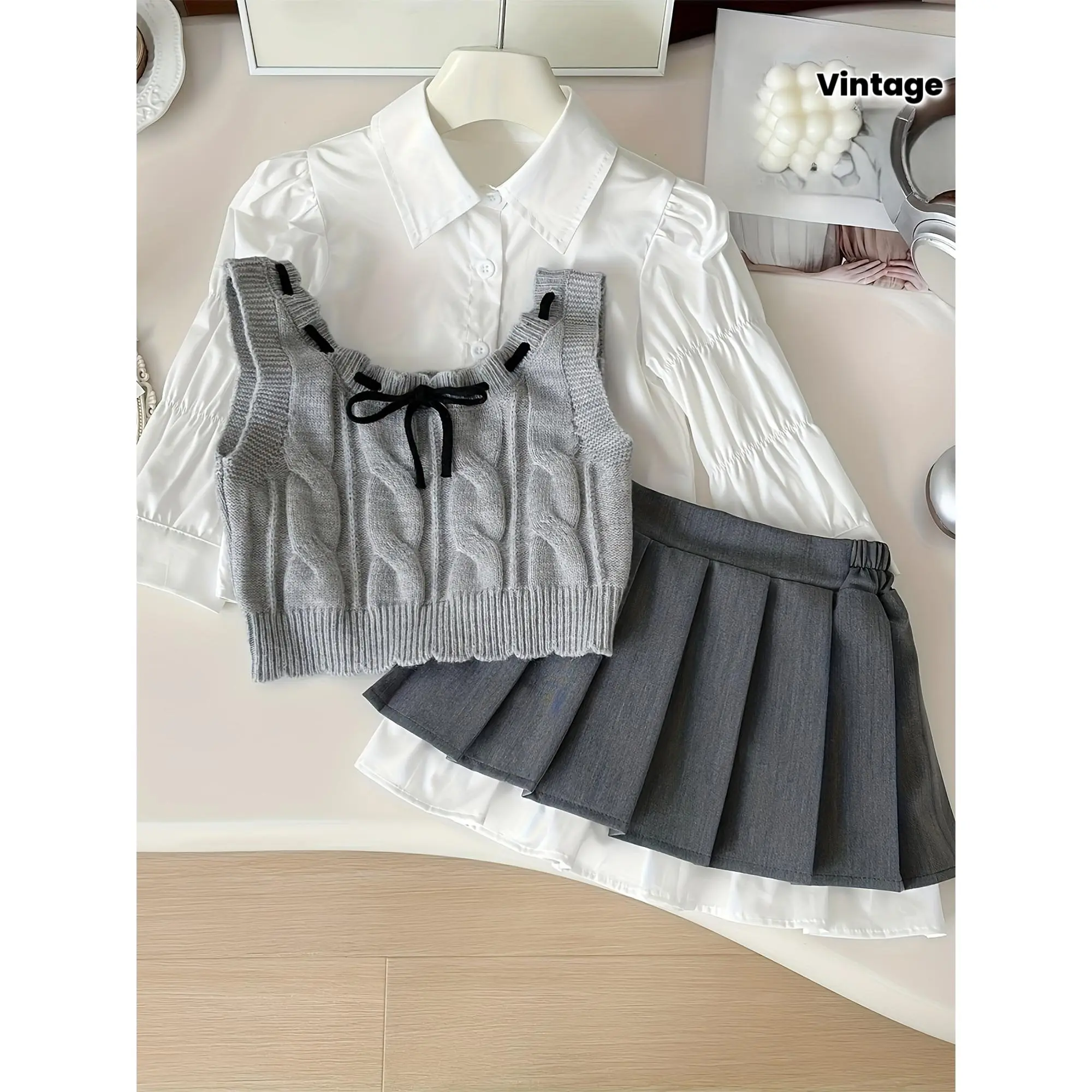 Girls' Spring/Autumn Back-to-School Set: Vintage College Style Three-Piece Outfit with Fashionable Shirt, Gray Sweater, and Pleated Skirt