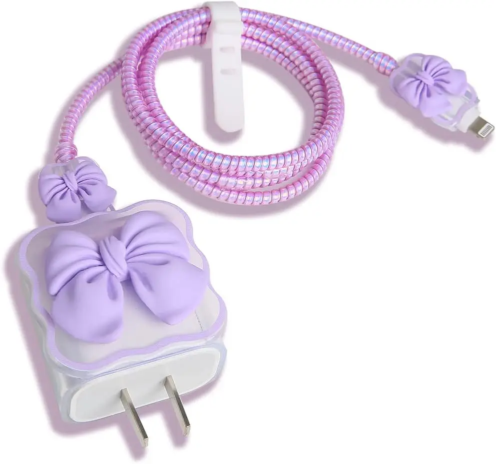 Compatible with  18W/20W USB-C Charger  Cute 3D Bow Tie Design Clear Soft Charger Protector Kawaii  Saver for  11 12 13 14 Pro Max Fast Power Adapter, Purple 2 (5in1)