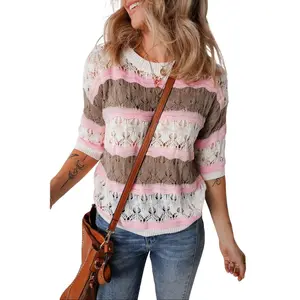 Brown Stripe Color Block Hollow Out Crochet Half Sleeve Sweater
