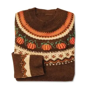 Women's Casual Round Neck Pumpkin Jacquard Sweater for Halloween, Fitted Knit Pullover for Fall & Winter, Comfortable and Stylish