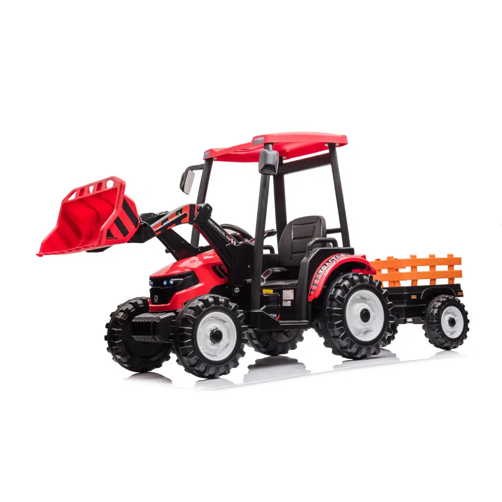 24V Battery Powered Kids Ride-On Tractor - Parent Remote Control, Pedal Operation, Working Loader Digging & Backhoe Digger, Adjustable Seat Belt, Detachable Trailer, Electric Playtime Toy (Red)