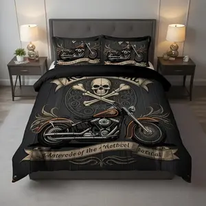 3pcs Gothic skeleton motorcycle pattern, polyester material duvet cover set, without filling, suitable for bedrooms, hotels, inns, Valentine's Day gifts, school dormitories (1 * duvet cover+2 pillowcases without core)