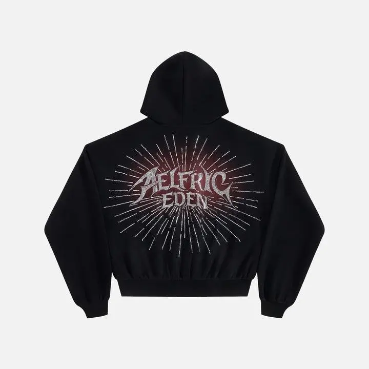 Aelfric Eden Boxy Rhinestone Zip Up Hoodie Gradient Wash Relaxed Boxy Cropped Silhouette Classic Zip-Up Hoodie Heavyweight Soft Fabric Vintage Rock Streetwear Unisex Top,clothes for back to school,first day of school outfits