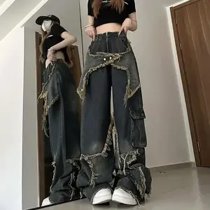 New women’s star-embroidered fringe pants, American retro high-street denim, loose wide-leg, trendy punk Y2K pants
